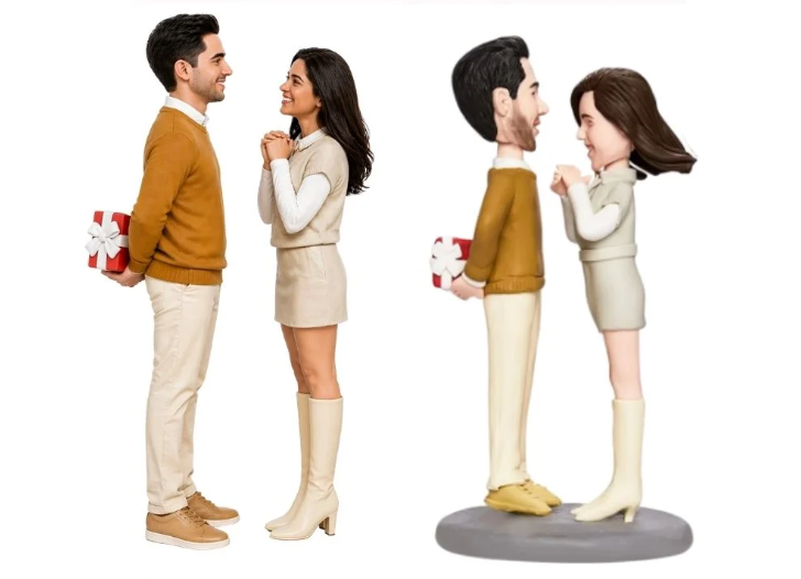A man and woman face each other and smile, the man holding a wrapped gift behind his back; a second mirror image shows a figurine couple with a gift behind the man.