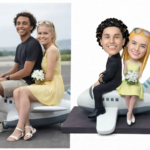 A real couple sits beside a prop-plane cake topper; opposite is a cartoon caricature version of the couple on the airplane pedestal, wedding-themed duo.