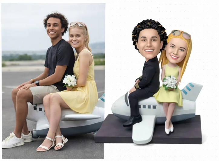 A real couple sits beside a prop-plane cake topper; opposite is a cartoon caricature version of the couple on the airplane pedestal, wedding-themed duo.