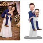 Left image: real wedding photo of a groom carrying a smiling bride in a white dress along a flower-lit outdoor aisle. Right image: a 3D caricature of the same couple with the groom carrying the bride on his back on a gray base.
