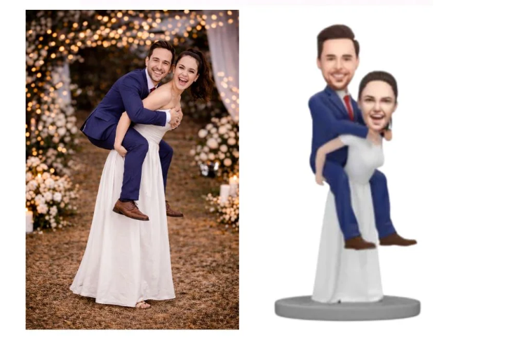 Left image: real wedding photo of a groom carrying a smiling bride in a white dress along a flower-lit outdoor aisle. Right image: a 3D caricature of the same couple with the groom carrying the bride on his back on a gray base.