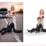 Two-panel image: left shows a bride in a white dress and groom in a suit beside a broken-down car on a highway, with a spare tire and warning triangle; right shows a cutout cartoon figure of the couple on a white platform with a spare tire.