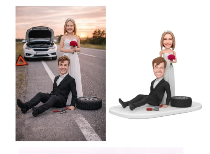 Two-panel image: left shows a bride in a white dress and groom in a suit beside a broken-down car on a highway, with a spare tire and warning triangle; right shows a cutout cartoon figure of the couple on a white platform with a spare tire.