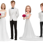 Four wedding figurines: two brides in white gowns holding red bouquets and two grooms in white jackets with black pants on a white background.