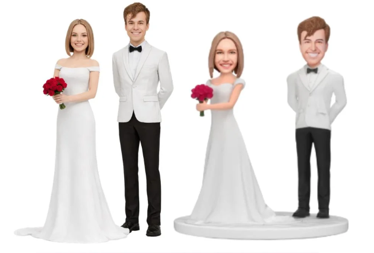 Four wedding figurines: two brides in white gowns holding red bouquets and two grooms in white jackets with black pants on a white background.