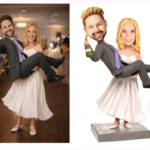 Wedding couple dancing: man in a gray suit lifts a smiling bride in a white dress, at a reception.