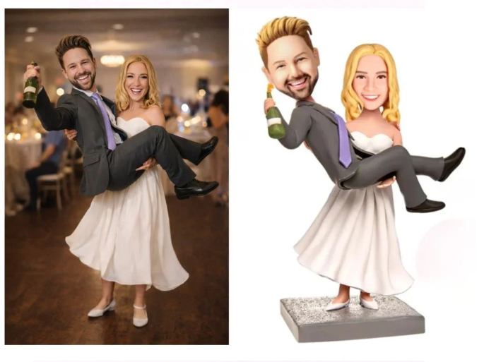 Wedding couple dancing: man in a gray suit lifts a smiling bride in a white dress, at a reception.