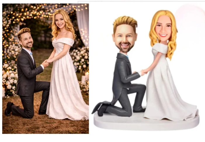 Left: real couple outdoors at a garden wedding, with the groom kneeling to propose to the bride in a white gown; right: cartoon figurines of the same couple in a kneeling proposal pose on a white base.