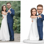 Wedding couple in a white dress and navy suit embrace outdoors; a cutout/figurine version stands on a circular pedestal to the right against a white background.