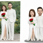 Couple in white wedding outfits outdoors, the woman holding red roses, posing together; a matching figurine version stands on a base.