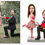 A man proposing on one knee to a woman in a pink dress outdoors, offering a ring and bouquet; a cartoon version of the couple stands beside them.