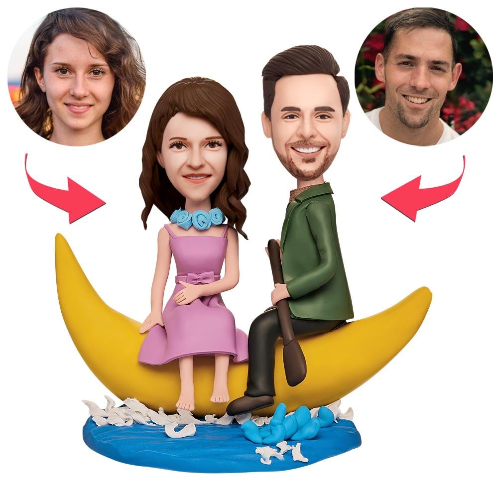 Two cartoon couples ride yellow crescent moons on a blue water base, each holding a paddle; woman in lavender dress, man in green jacket.