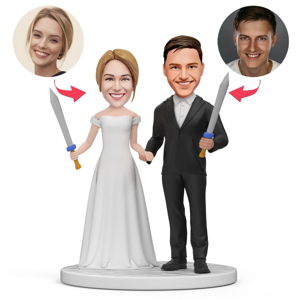 Realistic photo of a bride and groom in wedding attire holding swords outdoors on a path.