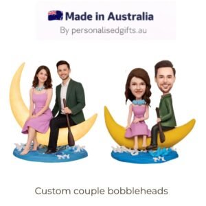Brand banner 'Made in Australia' by personalisedgifts.au, followed by two custom couple bobbleheads in pastel outfits on yellow crescent moons over water base.