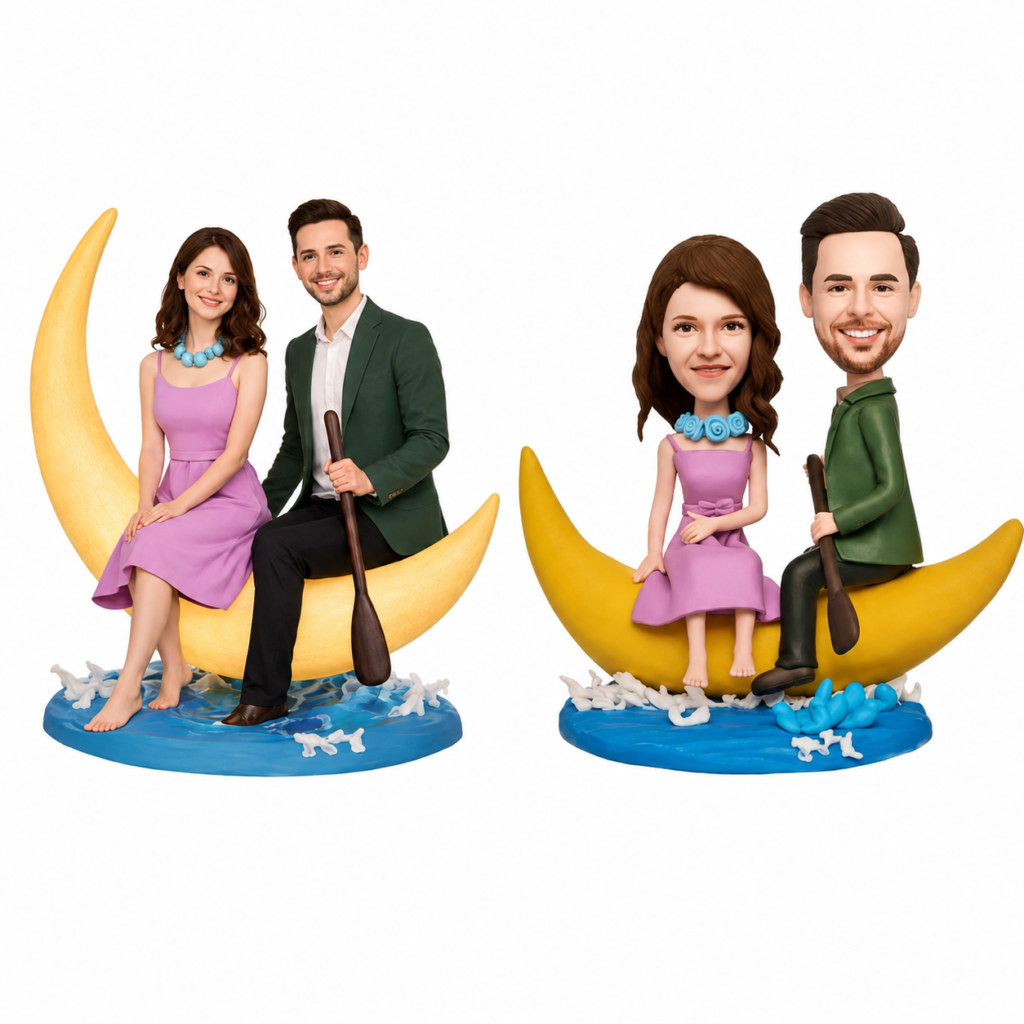 Two cartoon couples ride yellow crescent moons on a blue water base, each holding a paddle; woman in lavender dress, man in green jacket.