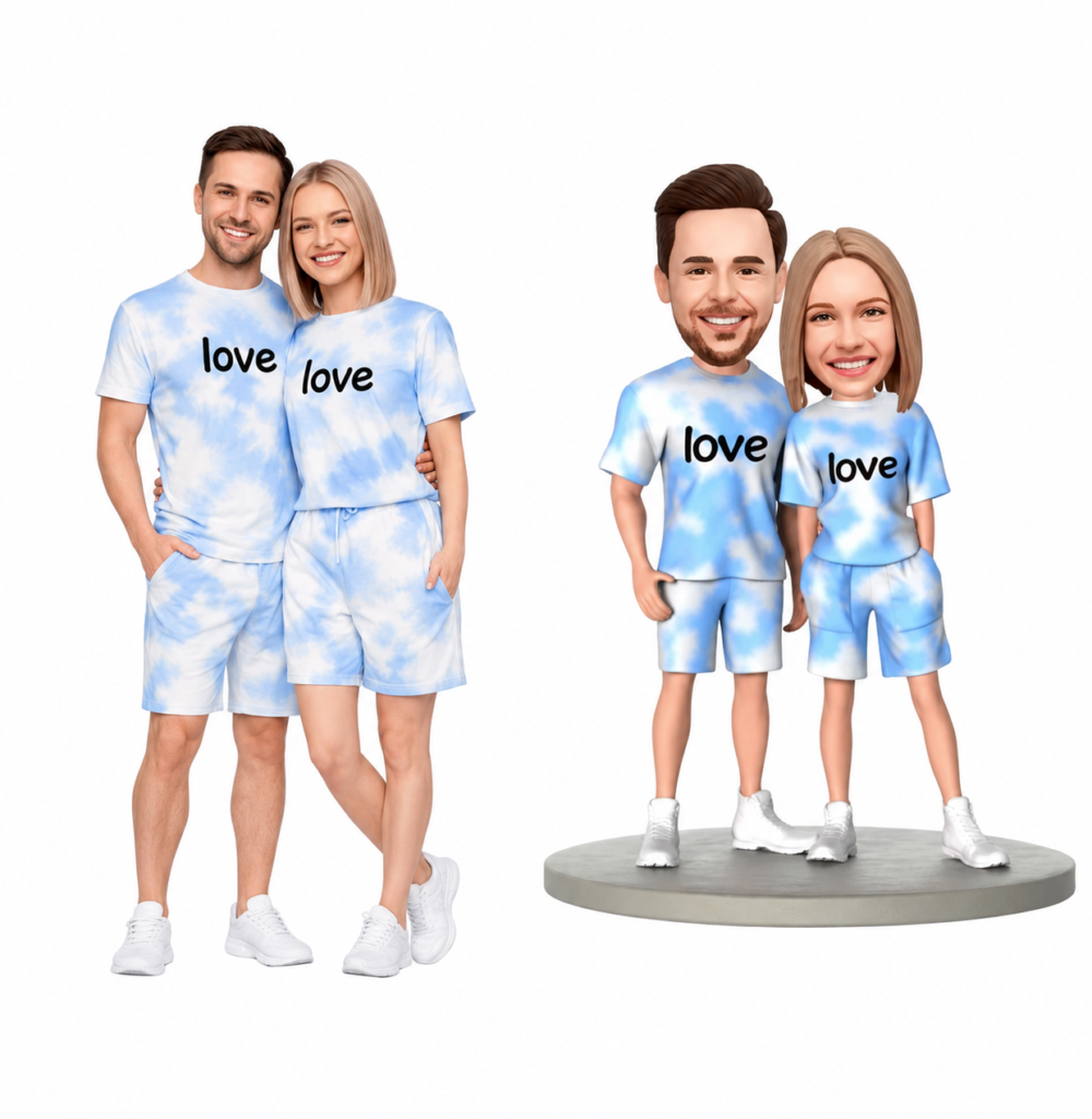 Couple and their 3D avatars wearing matching blue tie-dye outfits that say 'love' on the shirts, posed side by side.