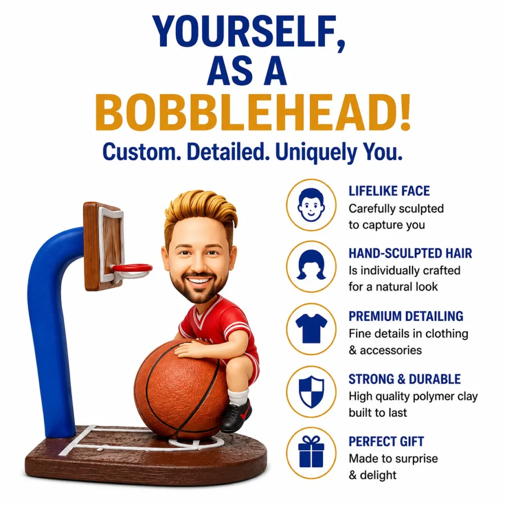 3D bobblehead basketball player figurine with hoop beside a list of features: lifelike face, hand-sculpted hair, premium detailing, strong & durable, perfect gift (advertisement).