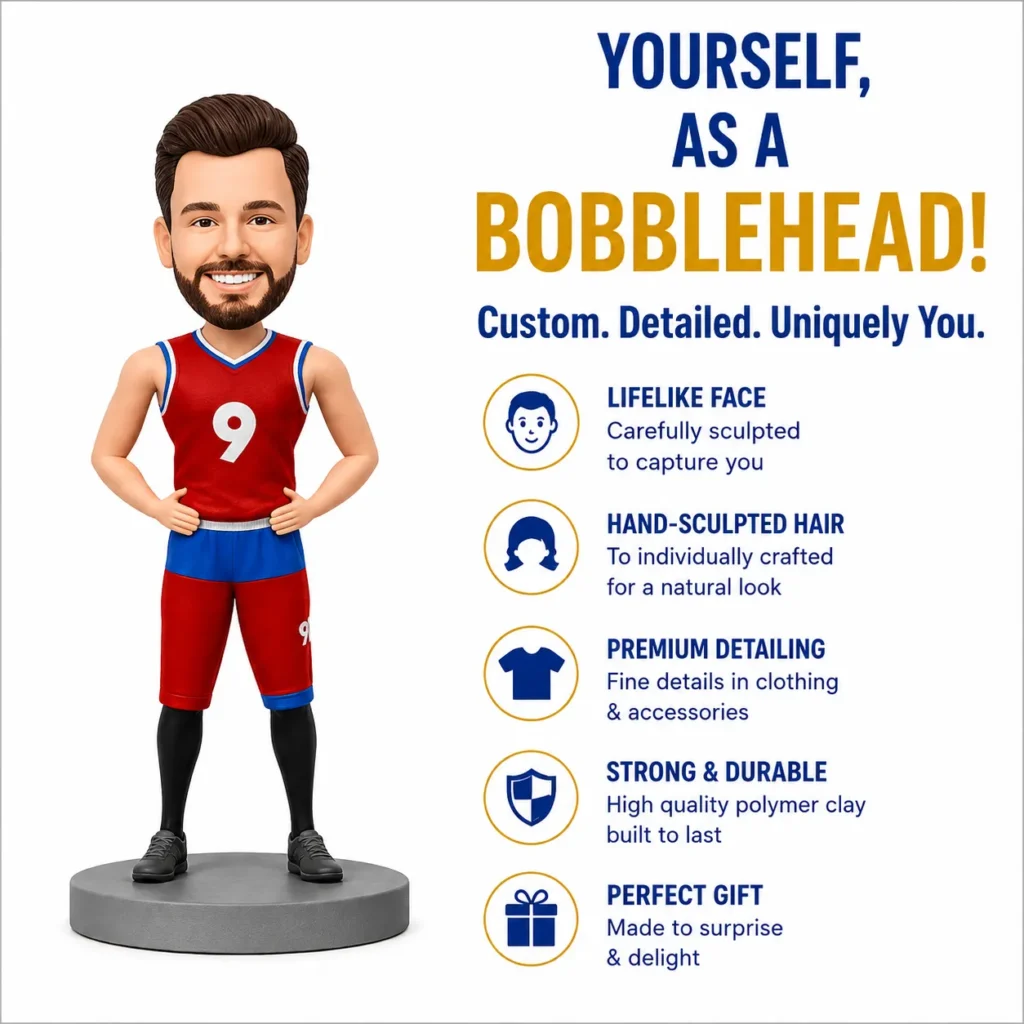 A life-size bobblehead basketball player in a red uniform stands on a gray base beside a list of product features and benefits.