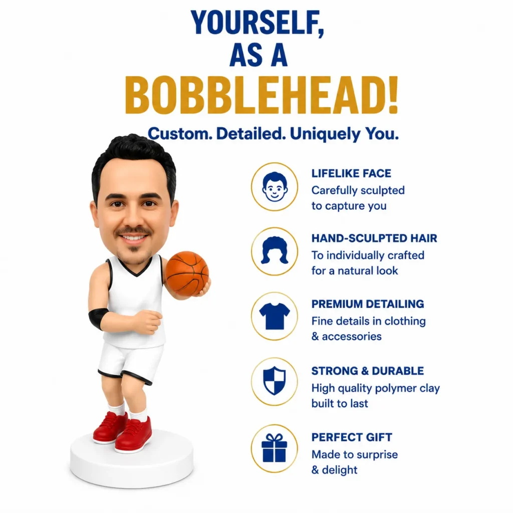 Cartoon basketball bobblehead beside a list of customization features: lifelike face, hand-sculpted hair, premium detailing, durable material, perfect gift.