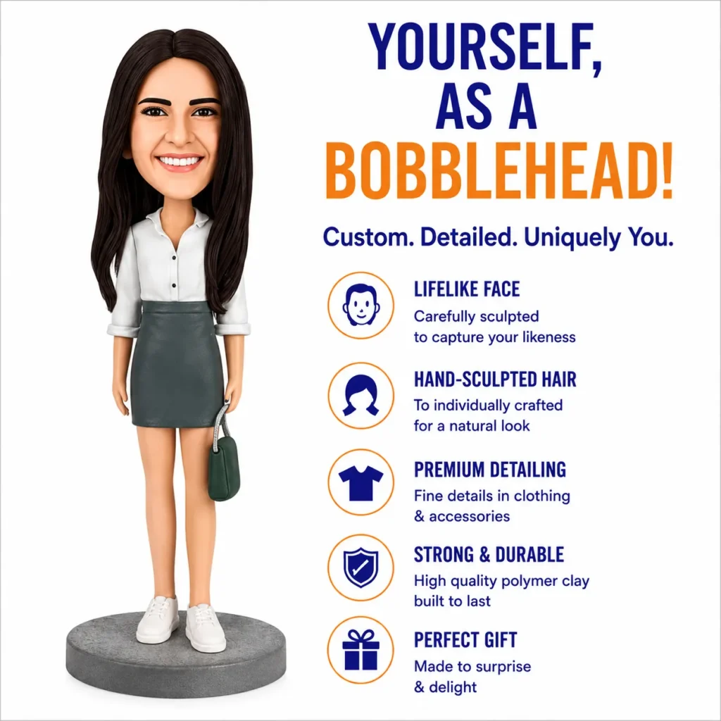 Bobblehead figure of a woman standing on a round base beside an infographic listing customization features (lifelike face, hand-sculpted hair, premium detailing, strong & durable, perfect gift).