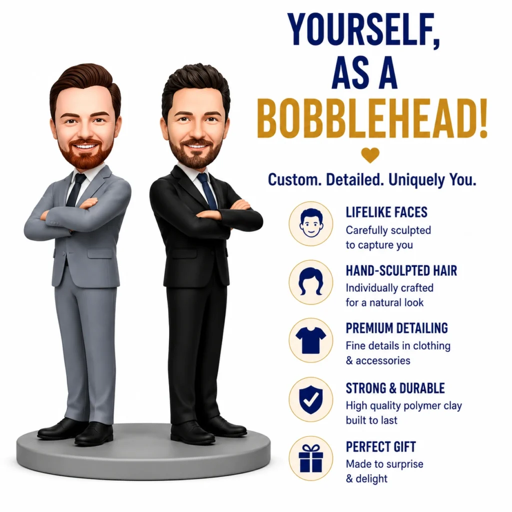 Two cartoon businessmen in gray and black suits stand with arms crossed on a pedestal, beside an ad headline 'Yourself, as a Bobblehead!' and a bullet list of features like lifelike faces and premium detailing.