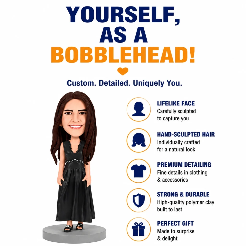 Custom bobblehead advertisement showing a female figurine with bold blue and orange text and feature icons: lifelike face, hand-sculpted hair, premium detailing, strong & durable, perfect gift.