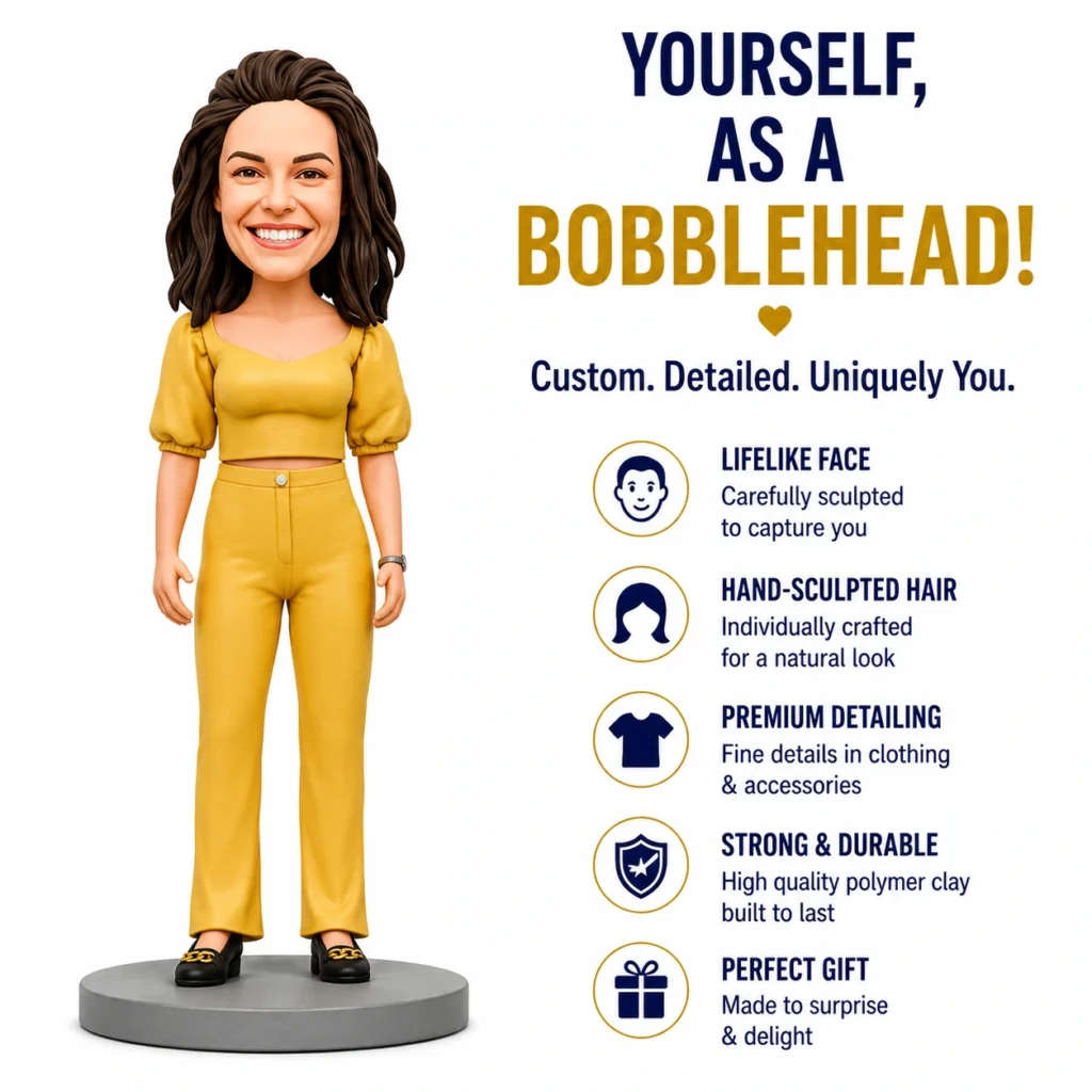 3D custom bobblehead of a smiling woman in a mustard-yellow outfit on a gray pedestal, with feature list.