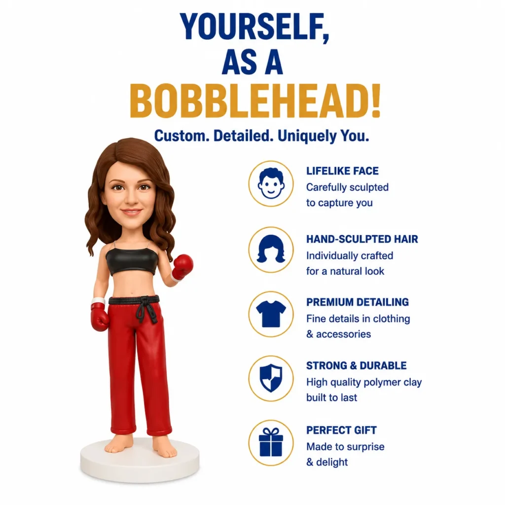 Bobblehead boxer figurine beside a list of features: lifelike face, hand-sculpted hair, premium detailing, strong and durable, perfect gift.