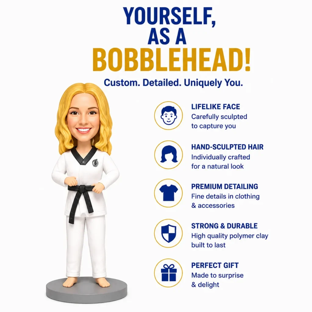 Bobblehead figure in a white karate gi with a black belt stands on a gray base beside a right-hand list of features: lifelike face, hand-sculpted hair, premium detailing, strong and durable, perfect gift.