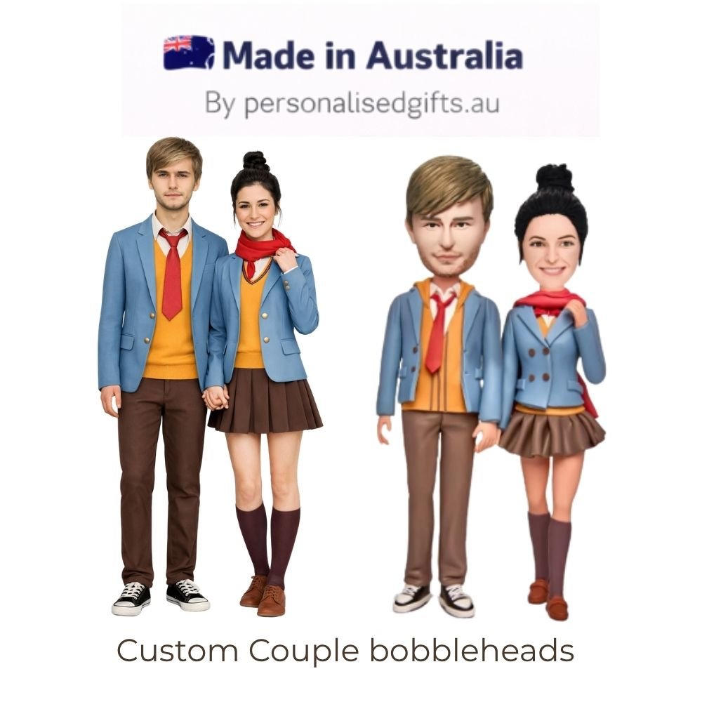 Custom Lovers in Matching Outfits Bobbleheads - Personalized Gifts For All Occasions Gift Supplier Advertisement for custom couple bobbleheads showing a real couple on the left and bobblehead versions on the right.