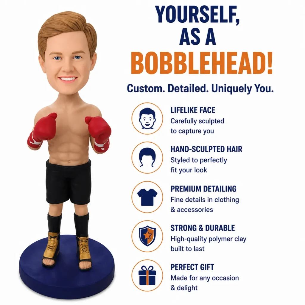 Boxer bobblehead figure with red gloves standing on a blue base, beside a list of features like lifelike face and premium detailing.
