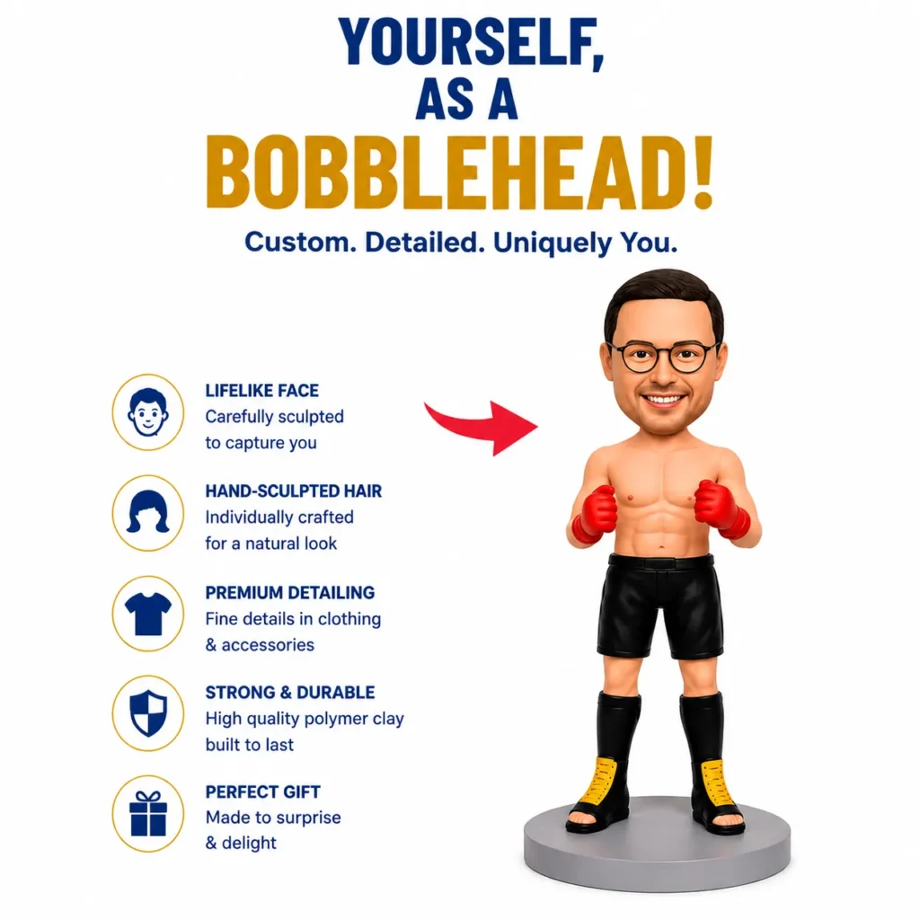 Custom bobblehead advertisement: a boxer figure with glasses and red gloves on a gray pedestal, left column lists features like lifelike face, hand-sculpted hair, premium detailing, strong & durable, perfect gift.