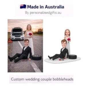 Custom Wedding Caketopper Groom and Bride Bobblehead Sitting on Tire