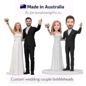 Custom Wedding Caketopper Groom and Bride Bobblehead Waving with Flowers