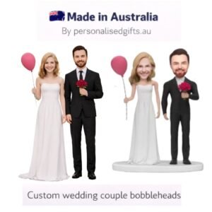 Custom Wedding Caketopper Groom and Bride Bobblehead with Balloon Flowers