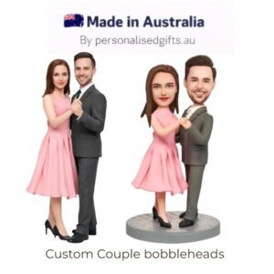 Dancing Couple in Pink Dresses and Black Suits Custom Bobblehead with Engraved Text