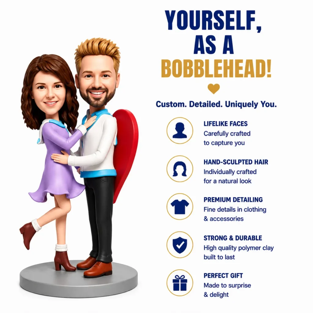 Cartoon couple bobbleheads embracing on the left, with a feature list on the right highlighting lifelike faces, hand-sculpted hair, and premium detailing.