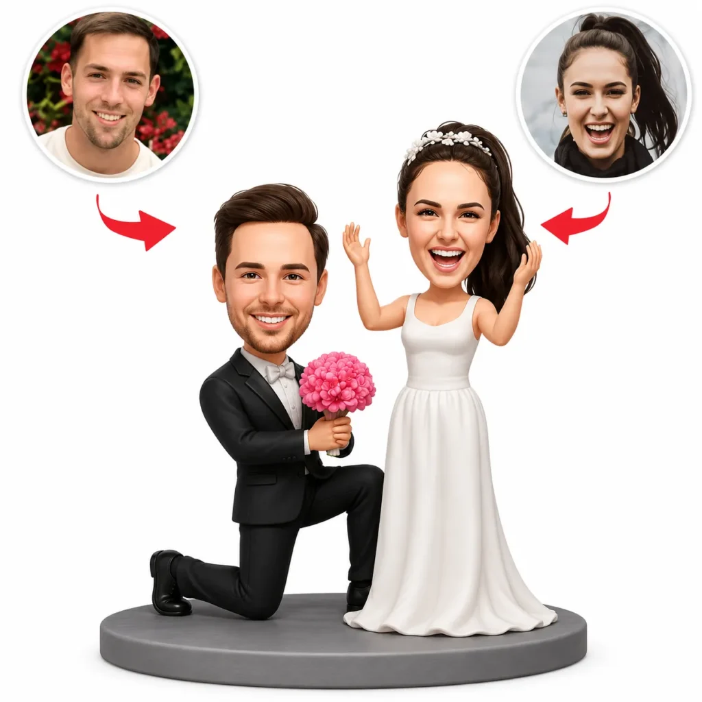 Cartoon bride and groom on a pedestal; the groom kneels with a pink bouquet, the bride in a white gown waving joyfully.