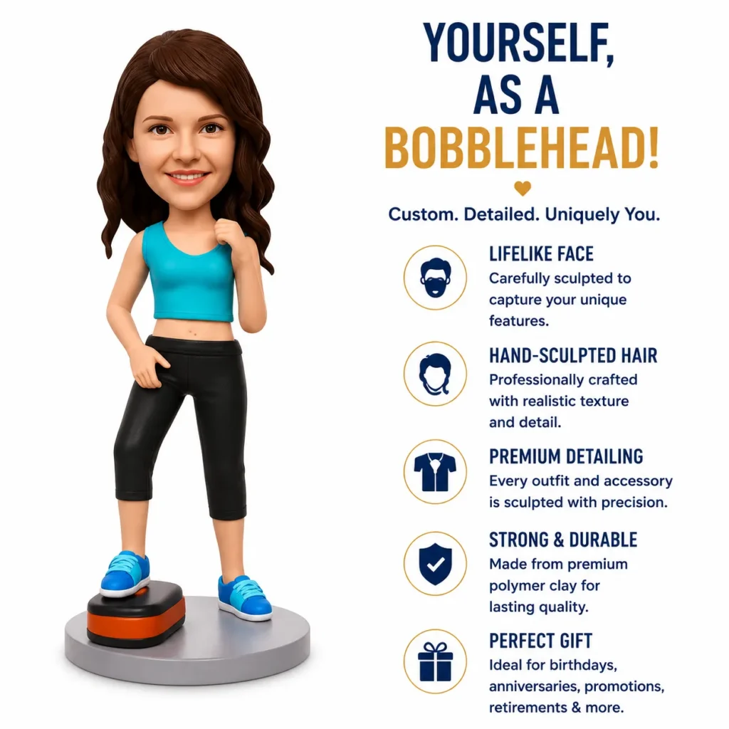 Animated female bobblehead figure in a teal top and black capri pants stands on a gray pedestal, next to an ad headline and feature list.