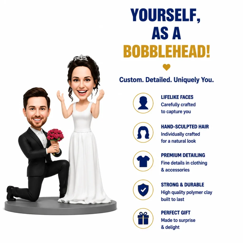 Cartoon bride and groom bobblehead figures on the left; the right side lists wedding customization features with circular icons.