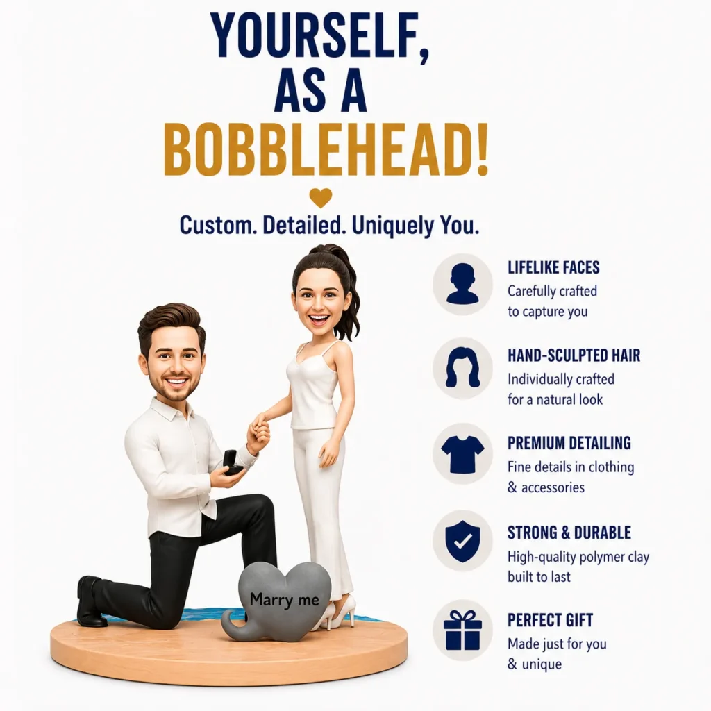 Promo for custom bobbleheads: kneeling man proposes to a standing woman on a round pedestal, with feature list on the right.