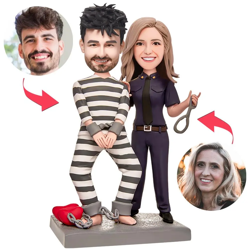 Cartoon couple with a prisoner in striped outfit and a uniformed woman holding scissors; floating portraits of past partners connected by arrows and a heart chained at their feet, suggesting relationship breakup or conflict.