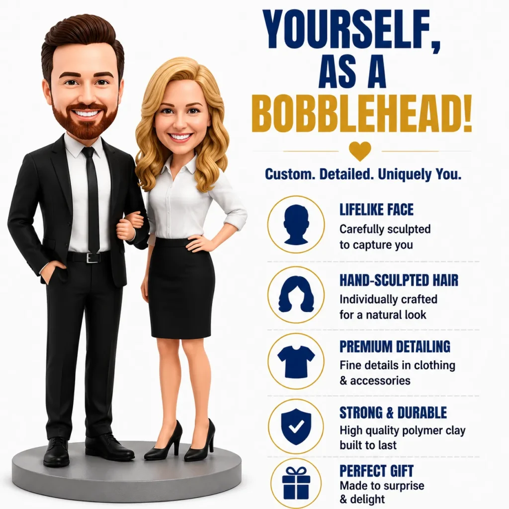 Two cartoon bobblehead figures in professional attire stand on a round platform beside a right-side infographic about custom bobbleheads.