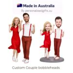 Valentines Day Gift Dance and Song Custom Bobblehead with Engraved Text - Personalized Gifts For All Occasions Gift Supplier Custom couple bobbleheads figurines in red outfits, shown with a 'Made in Australia' banner above (advertisement)