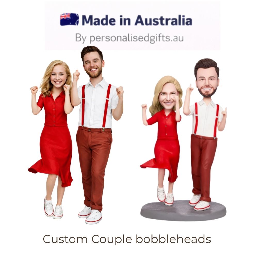Valentines Day Gift Dance and Song Custom Bobblehead with Engraved Text - Personalized Gifts For All Occasions Gift Supplier Custom couple bobbleheads figurines in red outfits, shown with a 'Made in Australia' banner above (advertisement)