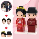 Brick-style wedding figurines with Chinese-style red outfits and personalized bride groom features