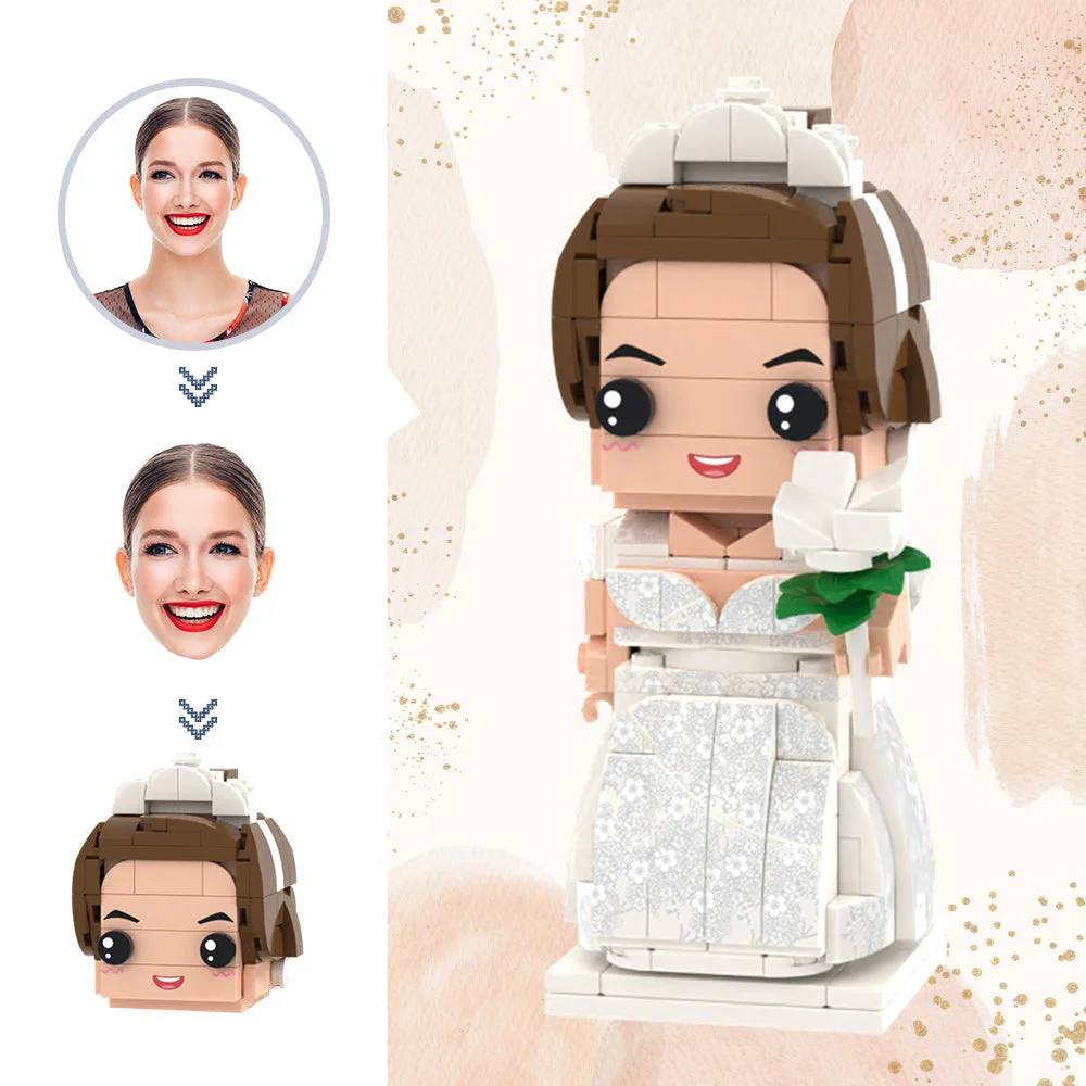Wedding Figurines in Dress with Flower Bouquet - Personalized Gifts For All Occasions Gift Supplier Brick-style wedding figurine of a bride in gown holding a bouquet of flowers with custom details