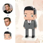 Wedding figurine of groom in grey suit, custom brick-style with personalized wedding details