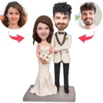 Wedding cake topper: bride and groom figurines with circular portraits on the sides for customization