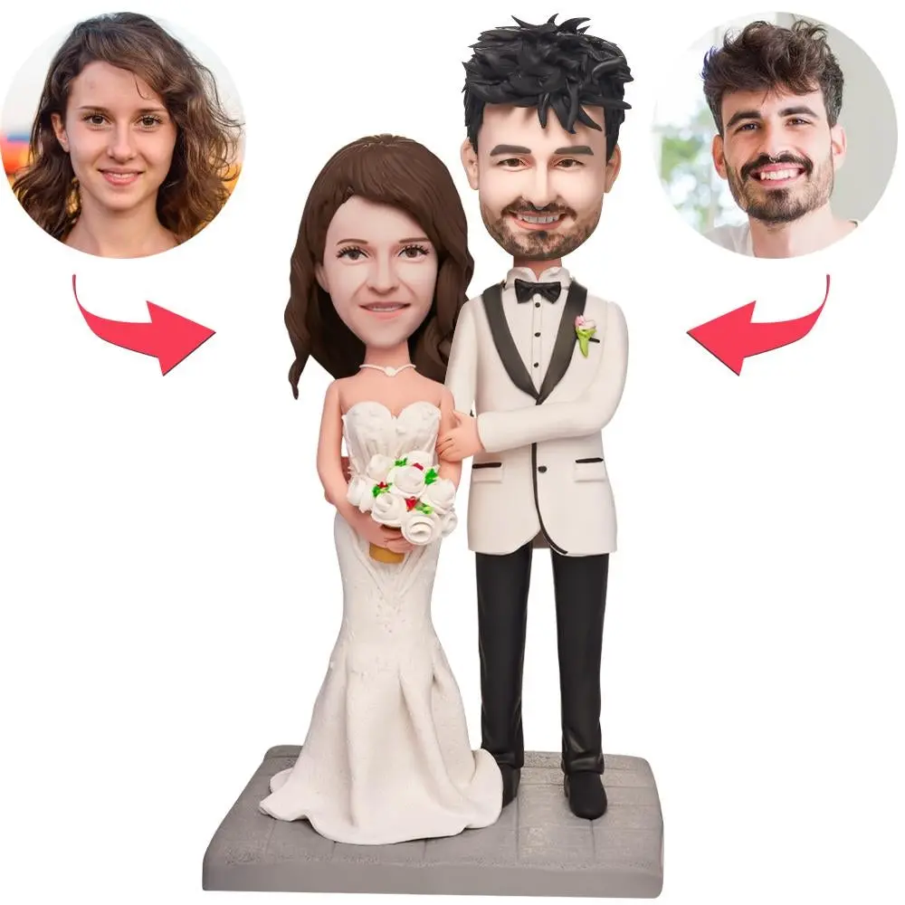 Wedding cake topper: bride and groom figurines with circular portraits on the sides for customization